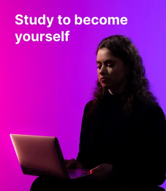 A student of the KTU Faculty of Social Sciences, Humanities and Arts works on a laptop against a pink and violet decorative background. On the left, the slogan “Study to become yourself” invites to choose studies at KTU Faculty of Social Sciences, Humanities and Arts.