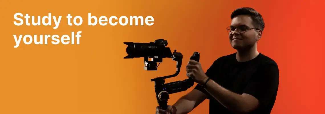 A young man wearing glasses and dark clothes is holding a professional video camera mounted on a stabilizer, standing against a gradient orange to red background. On the left, white bold text reads “Study to become yourself.”